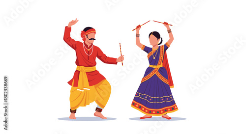 A man and a woman in traditional Indian attire performing Garba dance with sticks.