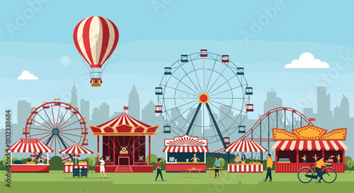 Amusement park with rides, food stalls, and people enjoying a day out.