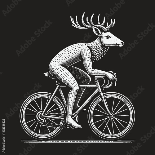 An anthropomorphic deer with large antlers riding a classic bicycle.