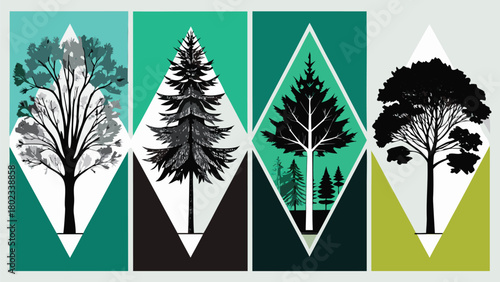 distinct trees showcasing various colors and shapes, highlighting the diversity of nature's flora..eps