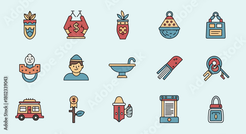 Colorful set of flat icons featuring objects and symbols in modern style