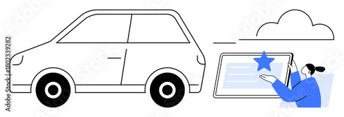 Car with cloud connectivity and person interacting with a digital interface. Ideal for technology, transportation, innovation, customer service, digital solutions, connectivity, automation. Simple
