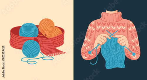 Cozy knitting scene with yarn balls and sweater in vibrant colors