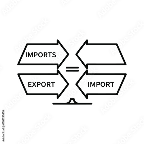 International trade balance concept with arrows representing import and export goods flow, global economy diagram