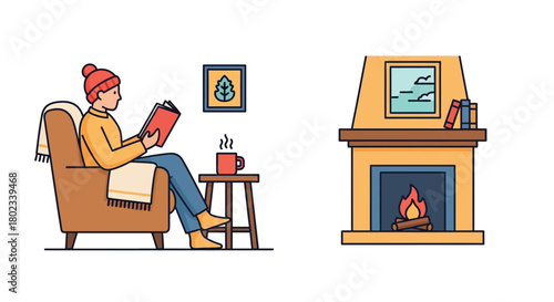 Cozy indoor scene with person reading by fireplace in minimalist style