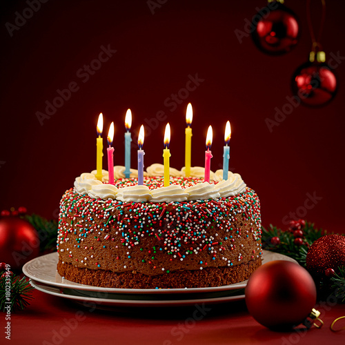 Festive Chocolate Birthday Cake with Lit Candles and Holiday Decorations