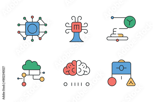 Collection of abstract icons representing technology and data concepts.