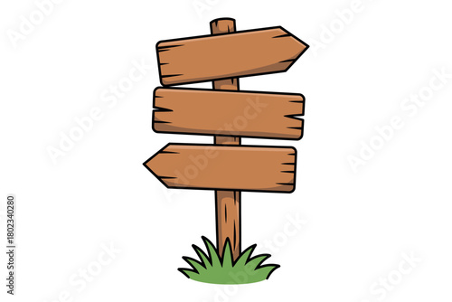 A wooden signpost with three blank planks points in different directions.