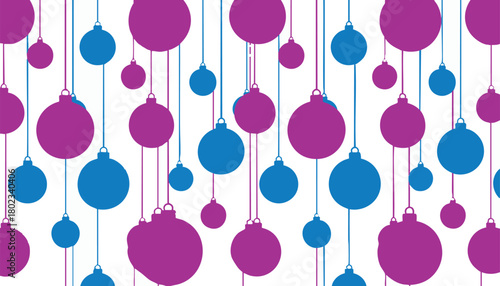 A vibrant and festive pattern of purple and blue christmas ornaments hanging on strings, creating a cheerful holiday design isolated on