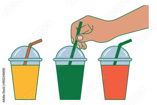 A hand reaches for one of three colorful drinks in plastic cups with straws.