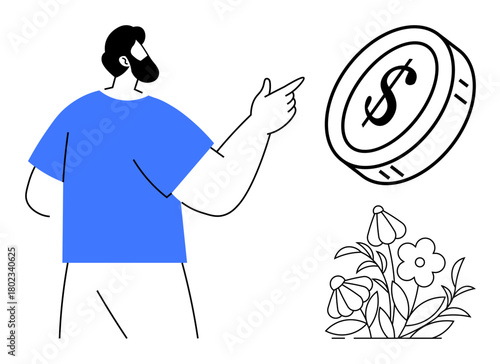 Bearded man gestures towards a hovering dollar coin near blooming flowers, representing wealth, growth, and prosperity. Ideal for financial planning, saving, investment, economy, success nature