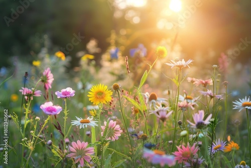 Fototapeta Naklejka Na Ścianę i Meble -  Colorful wildflowers blooming in a summer meadow at sunset, bathed in warm golden sunlight