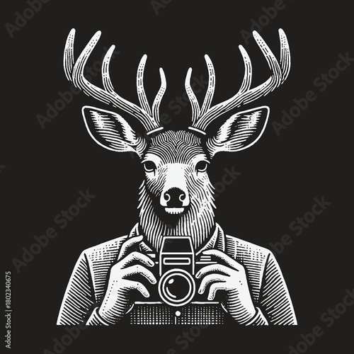 Vintage Engraved Deer Photographer with Camera Illustration.