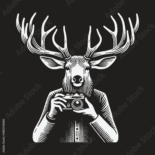 Anthropomorphic Deer Photographer with Vintage Camera Illustration.