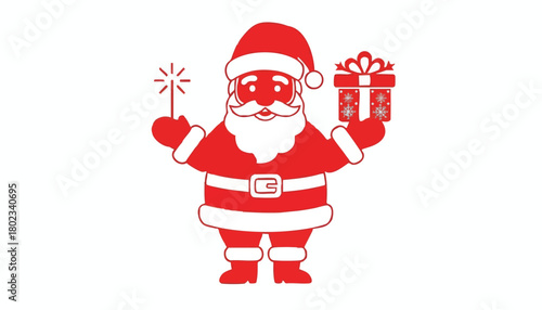 Red santa claus illustration with a sparkler and a gift, symbolizing holiday cheer and festive celebrations, isolated on