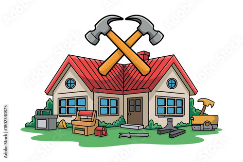 Two crossed hammers are placed above a house with various construction tools around it.