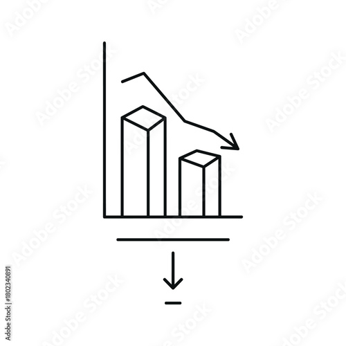 Decline graph with decreasing bar chart and downward trend line, representing loss, fall, and financial downturn