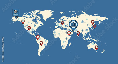 Flat world map with travel icons highlighting global destinations and snowflakes