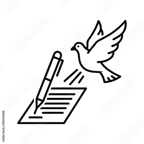 Peaceful dove and writing pen on paper representing freedom of speech, communication, and written expression icon