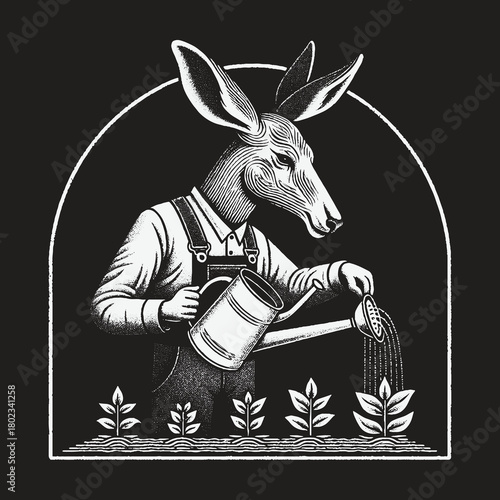 Vintage Style Kangaroo Farmer Illustration Watering Young Plants in a Garden.