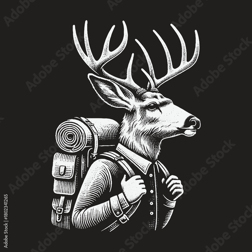 Vintage Engraving of an Anthropomorphic Deer Hiker with a Backpack.