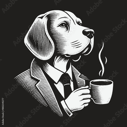 A dapper beagle dog in a business suit drinking coffee.
