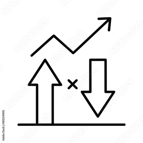 Fluctuating data trends with upward growth chart, upload, download arrows, and incorrect mark icon.