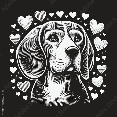 Beagle Dog Portrait in Vintage Engraving Style with Hearts.