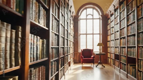 Wallpaper Mural Classic Library Interior with Bookshelves - A view of a traditional library filled with rows of vintage books on wooden shelves. Torontodigital.ca