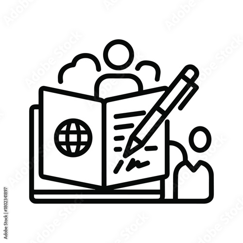 Passport document being signed with a pen, representing international travel, visa application, and official processes