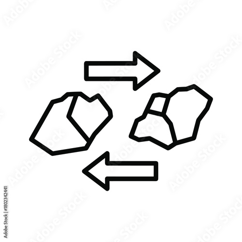 Abstract raw material processing icon showing two distinct mineral shapes and bidirectional arrows for exchange.