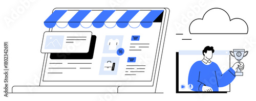 Digital storefront interface showcasing online shopping features, security icons, and cloud technology. Includes a person receiving a trophy online. Ideal for e-commerce, cloud tech, cybersecurity