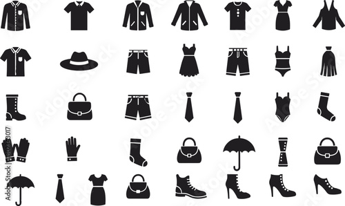 Collection of Black Clothing and Accessory Icons on White Background fashion accessories