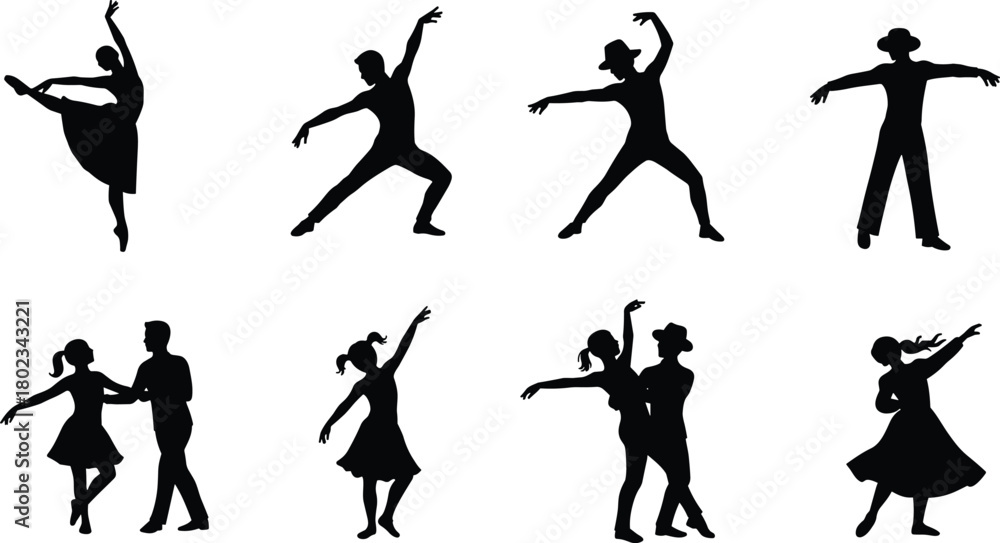 Naklejka premium Collection of black silhouettes of dancers in various poses and styles ballet