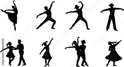 Collection of black silhouettes of dancers in various poses and styles ballet