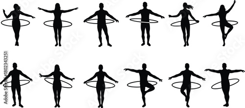 Collection of black silhouettes of people of various genders and poses with hula hoops
