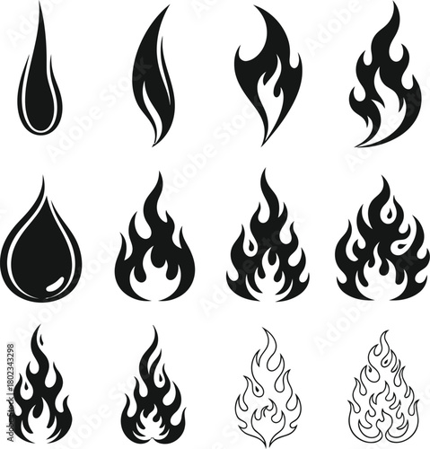 Collection of stylized black silhouette flame icons and fire symbols in various artistic designs and shapes