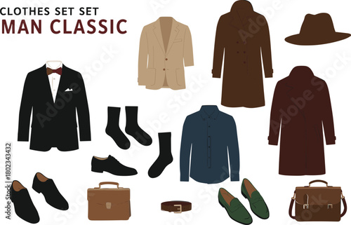 Collection of classic men's clothing and accessories in flat illustration style classic style