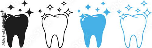 A set of clean and shiny tooth icons in black, outline, and blue styles, symbolizing dental health, hygiene, teeth whitening, and professional oral care services.