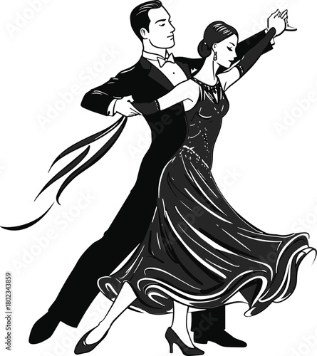 Elegant couple dancing ballroom waltz in formal attire black and white illustration