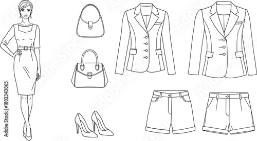 Fashion illustration of woman in dress with matching accessories and clothing items