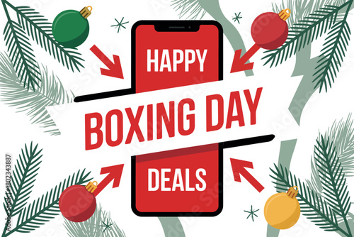 Happy Boxing Day deals are advertised on a smartphone screen surrounded by festive decorations.