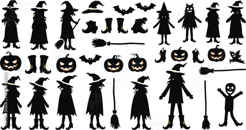 Halloween silhouette collection with witches pumpkins bats and brooms jack o lantern