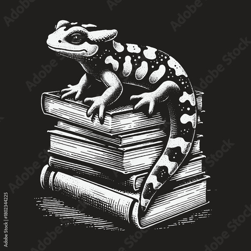 A studious spotted salamander rests on a stack of old books.