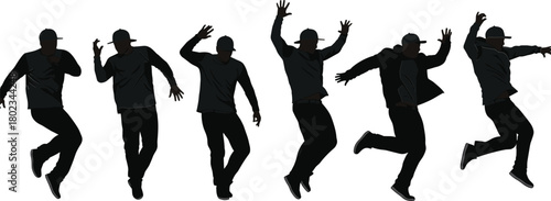 Six black silhouette figures of men dancing and jumping in various poses male dancer