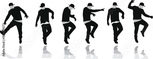 Six Black Silhouettes of a Male Dancer in Motion with Reflections hip hop