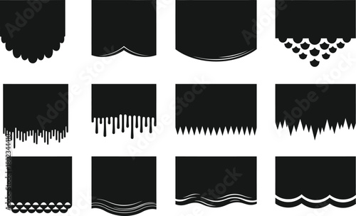 Collection of decorative black fabric border designs for curtains valances and banners with various fringe and scalloped edges