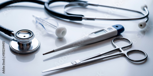 Closeup of modern medical tools on white table in clinical setting