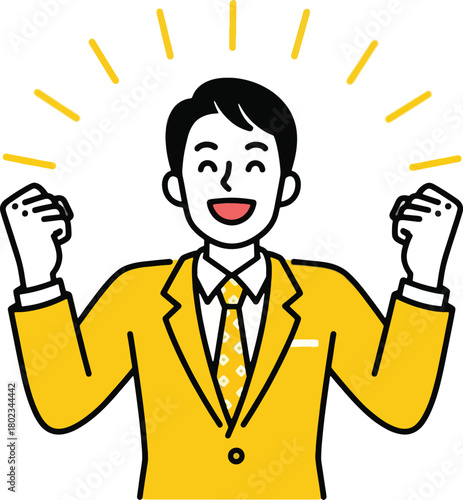 Man in a yellow suit celebrating with raised fists