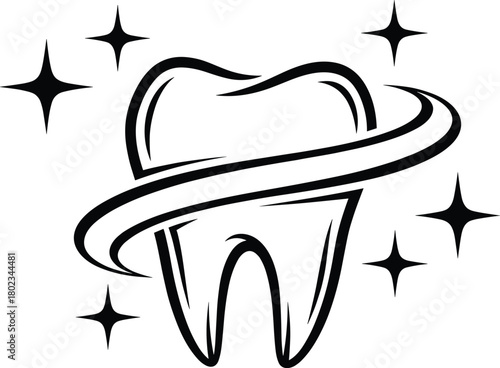 Monochrome vector logo illustration of a stylized, healthy tooth surrounded by a dynamic swirl and sparkling stars, symbolizing advanced dental care and whitening protection.